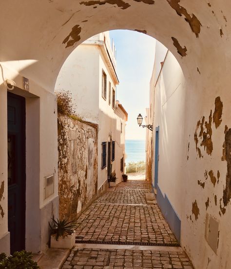 Cute street with sea view in the old town of Albufeira Albufeira Portugal Old Town, Albufeira Aesthetic, Albufeira Old Town, Albufeira Portugal, Faro Portugal, Versailles Garden, Portuguese Culture, Albufeira, Algarve Portugal