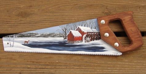 Painted Hand Saw Old Mill Pond Deer Snow Cabin Lodge Decor ... Sawblade Paintings, Saw Blades Ideas, Hand Saw Art Ideas, Painted Saws, Cabin Lodge Decor, Deer Snow, Snow Cabin, Hand Saws, Country Paintings