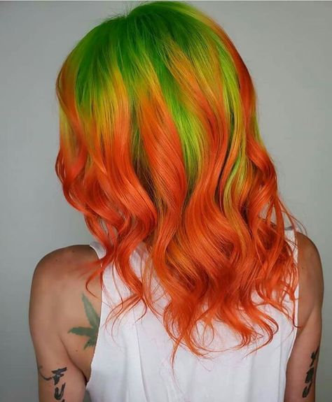 Lime Green And Orange Hair, Orange And Green Hair Color, Red And Green Hair Split, Orange Yellow Green Hair, Ginger And Green Hair, Orange Green Hair, Green Orange Hair, Yellow Hair Ideas, Orange And White Hair