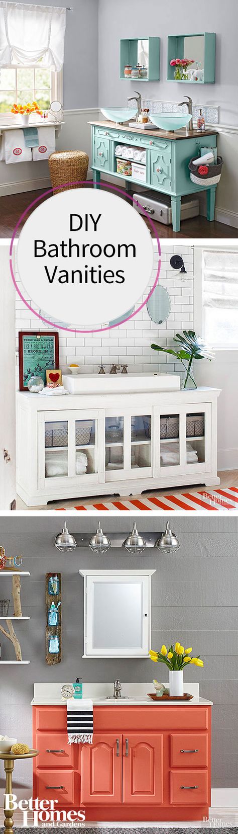 Instead of buying a new bathroom vanity, DIY it! We have a ton of ideas for flea market finds or salvaged pieces that need just a little bit of paint to transform them into unique bathroom vanities. Use an old dining room buffet or paint an oak vanity with a bright color of paint for a completely new piece. Diy Bathroom Sink, Vanity Diy, Oak Vanity, Unique Bathroom Vanity, Diy Bathroom Vanity, Stock Cabinets, Bathroom Paint, Dining Room Buffet, Bad Inspiration