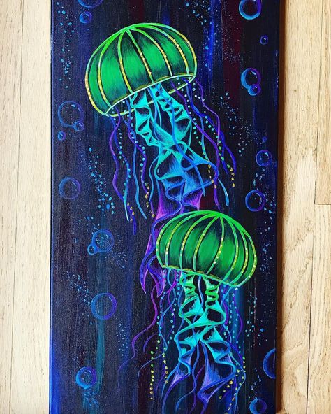 An original 12x24 acrylic painting of two jellyfish Jellyfish Paintings, Medusa Painting, Octopus Painting, Jellyfish Painting, Jellyfish Drawing, Neon Painting, Jelly Fish, Sea Animal, Animal Painting