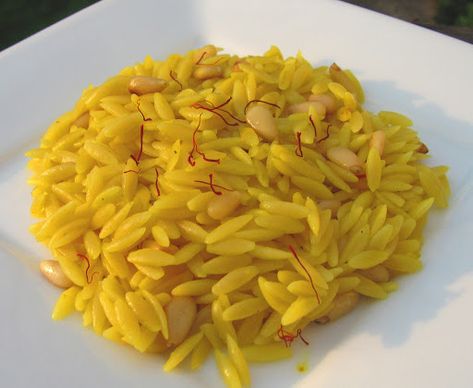 Try Saffron Orzo! You'll just need 4 cups chicken broth, salt, to taste, 1/4 teaspoon crushed saffron threads, 1 cup dried orzo pasta, 2 teaspoons olive... Rice Types, Saffron Recipes, Orzo Recipe, Saffron Threads, Orzo Recipes, Toasted Pine Nuts, Orzo Pasta, European Food, Pine Nuts