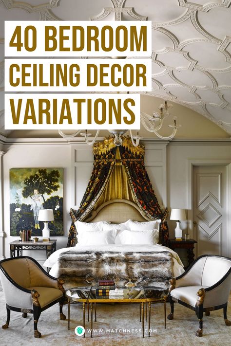 Tall Ceiling Bedroom Ideas, Ceiling Drapery Bedroom, Bedroom Ceiling Wallpaper Ideas, Decorated Ceilings Ideas, Fabric Ceiling Ideas Bedroom, Vintage Ceiling Design, Ceiling Wallpaper Ideas Bedrooms, Wallpapered Ceilings Ideas, Wallpaper On Ceiling Bedroom