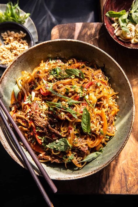 30 Minute Thai Basil Beef Noodles | halfbakedharvest.com Thai Basil Beef Noodles, Thai Basil Beef Half Baked Harvest, Quick Asian Noodle Recipes, Thai Noodle Bowls, Half Baked Harvest Pad Thai, Half Baked Harvest Ground Beef, Pad Thai Noodles Recipe, Thai Beef Noodles, Thai Noodle Bowl