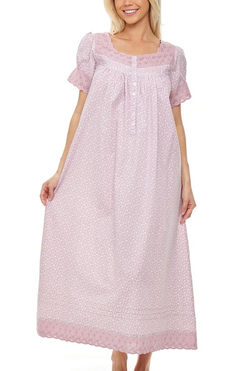 PRICES MAY VARY. 100% Cotton Imported Pull On closure Machine Wash PRE-SHRUNK 100% COTTON FABRIC - Enjoy the comfort of this vintage style nightgown made from our premium 100% cotton poplin fabric. All of our cotton is pre-shrunk so that you never have to worry about your garment shrinking in the wash. Gathered short sleeves with wide lace cuff. Neckline trimmed with wide cotton lace above pintucks on front yoke. Front is gathered and features a long narrow placket with 8 pearl shell buttons. Ba Nighty Designs Indian Cotton, Nighty Designs Indian, Vintage Night Dress, Long Night Dress, Cotton Night Dress, Victorian Nightgown, Cotton Nightwear, Cotton Nighties, Vintage Night