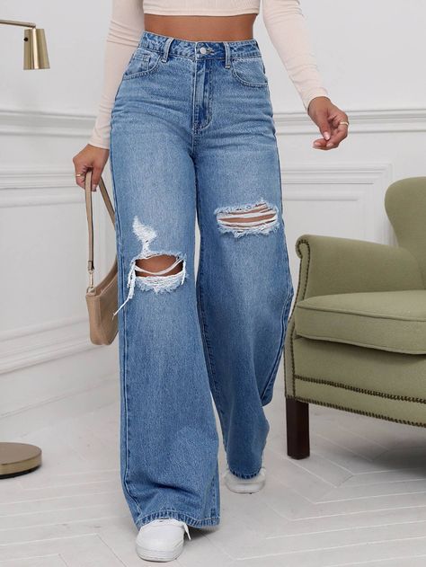 Light Wash  Collar  Denim Plain Wide Leg Embellished Non-Stretch  Women Denim Womens Fall Dress, Outfit Jeans, Sweatshirt Women, Women Denim Jeans, Sweaters And Jeans, Outerwear Women, Stretch Jeans, Ripped Jeans, Denim Wash