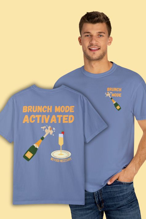 Get ready to conquer brunch with this stylish t-shirt! Featuring 'Brunch Mode' on the front and 'Brunch Mode Activated' on the back, complete with a chic champagne bottle graphic and a mimosa on a plate. No food necessary with this fun and fashionable tee. Perfect for brunch enthusiasts, champagne lovers, and those who know how to brunch in style. Stand out in this unique design and make a statement at your next brunch outing or social event. #BrunchMode #ChampagneLovers #TrendyTees #MimosaLove Brunch Tshirt Ideas, Spring Graphic Tee For Brunch, Crew Neck T-shirt With Screen Print For Brunch, Spring Brunch Graphic Print T-shirt, Spring Brunch Graphic Tee T-shirt, Bottomless Mimosas, Brunch Decor, Shirt Pins, Social Event