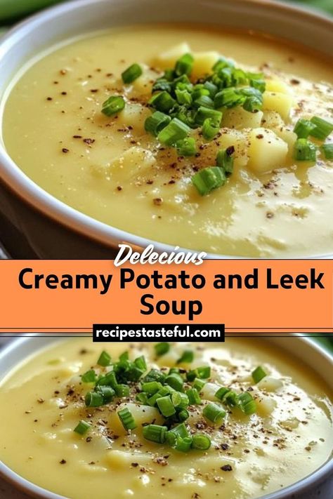 A comforting and creamy soup made with tender potatoes and sweet leeks, perfect for chilly evenings and easy to prepare. Potatoe Leek Soup Recipe, Potato Leek Soup Easy, Potato And Leak Soup, Creamy Potato Leek Soup, Potato And Leek Soup, Leeks Soup Recipes, Leek Recipes, Creamed Leeks, Potato Leek Soup