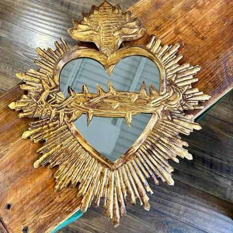 Tin Sacred Heart of Jesus Mirror - Etsy Sacred Heart Wedding, Mexican Mirrors, Vintage Sacred Heart, Sacred Hearts, Mexican Culture Art, Mexican Home Decor, Sacred Heart Of Jesus, Nail Room, Heart Of Jesus