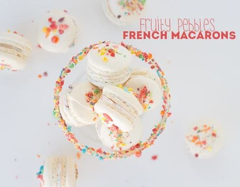 Fruity Pebbles French Macarons Fruity Pebble Cupcakes, Monster Cookie Dough Dip, Easy Sticky Buns, French Sweets, Macaron Recipes, Brown Sugar Frosting, Fruity Pebble, Macarons Recipe, Cookie Dough Dip