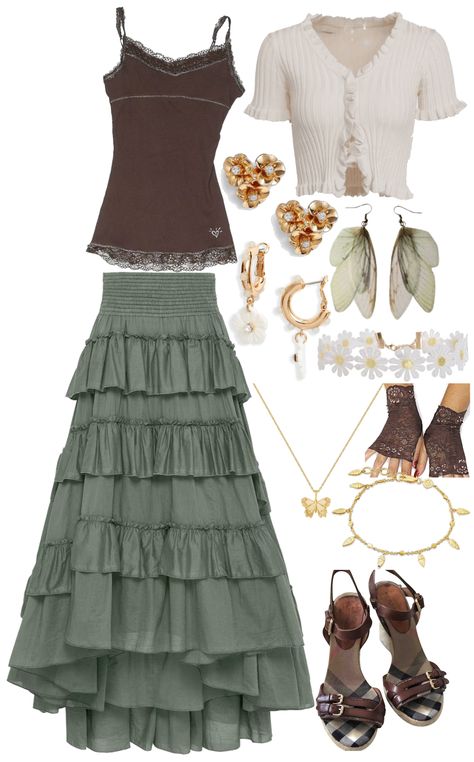 Picnic Outfit outfit ideas | Picnic Attire, Picnic Outfit, Fairy Earrings, Ruffle Maxi Skirt, Teen Summer, Lace Gloves, Brown Leather Sandals, Outfit Maker, Outfit Shoplook