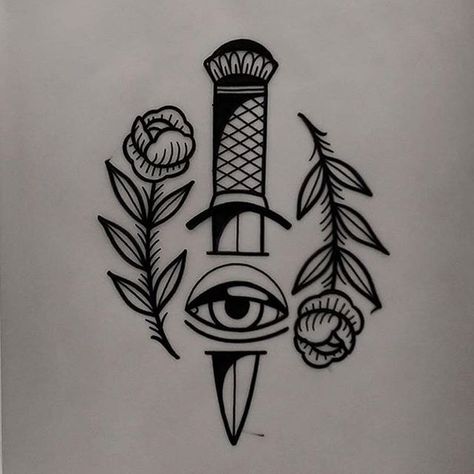 #tattoo design @ethanjonestattoo available at #thecirclelondon Simple Traditional Tattoo, Traditional Tattoo Drawings, Knife Tattoo, Tattoo Zeichnungen, Tattoos Geometric, Dagger Tattoo, Traditional Tattoo Design, Seeing Eye, Wolf Tattoos