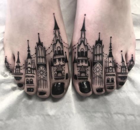 Toe Buildings Black And White Tattoos, Toe Tattoos, Castle Tattoo, Private Tattoos, White Tattoos, Foot Tattoos For Women, Парные Тату, Tattoo Artwork, Foot Tattoo