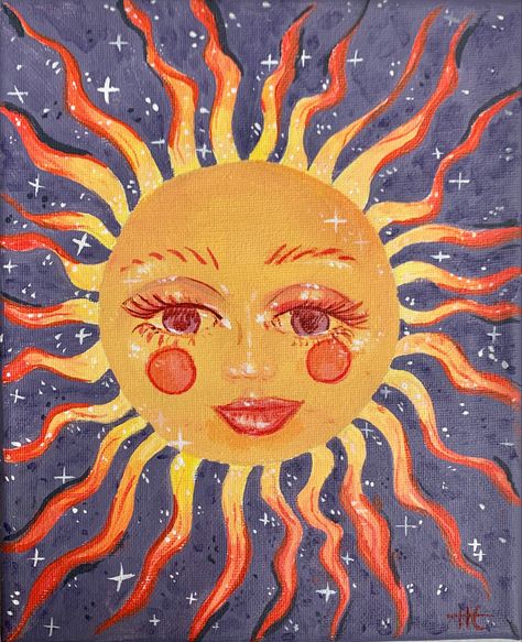 helen casey @honey.well_ Moon Painting With Face, Moon With Face Painting, Sun With Face Painting, Sun With Face Drawing, Sun Face Painting, Sun Collage, Golf Clip Art, Voodoo Art, Ib Art