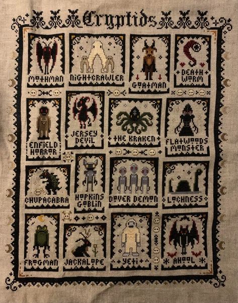 Cryptic Cross Stitch, Cryptid Sewing Patterns, Cross Stitch Cryptid, The Witchy Stitcher, Dark Academia Cross Stitch, Mothman Cross Stitch, Cryptid Embroidery, Cryptid Crafts, Cryptid Cross Stitch