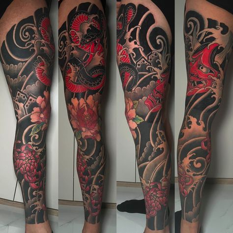 Oni mask red leg sleeve Japan Leg Tattoo, Japanese Leg Sleeve, Japanese Leg Tattoo, Oni Tattoo, Japanese Legs, Full Leg Tattoos, Grim Reaper Tattoo, Reaper Tattoo, Oni Mask