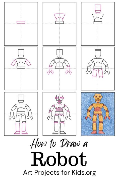 Robot Drawing Ideas, Robots Art Drawing, Robot Tutorial, Robot Coloring, Valentines Robots, Robot Drawing, Tutorial Drawing, Drawing Ideas Easy, Humanoid Robot