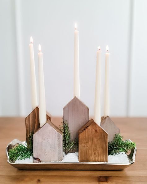 Awesome DIY Rustic Farmhouse Candle Houses Diy Christmas Village Houses, Wood Candle Holders Diy, Candle Holders Wood, Drippy Candles, Diy Rustic Farmhouse, Advent Candle Holder, Dripless Candles, House Candle Holder, Farmhouse Candle