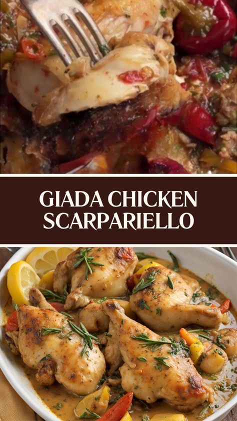 Giada Chicken Scarpariello Chicken Scarpariello With Sausage, Italian Meat Pie Recipe, Italian Recipes Chicken, Chicken Recipes Italian, Chicken Scarpariello Recipe, Hunters Chicken Recipe, Chicken Scarpariello, Italian Chicken Dishes, Hunters Chicken