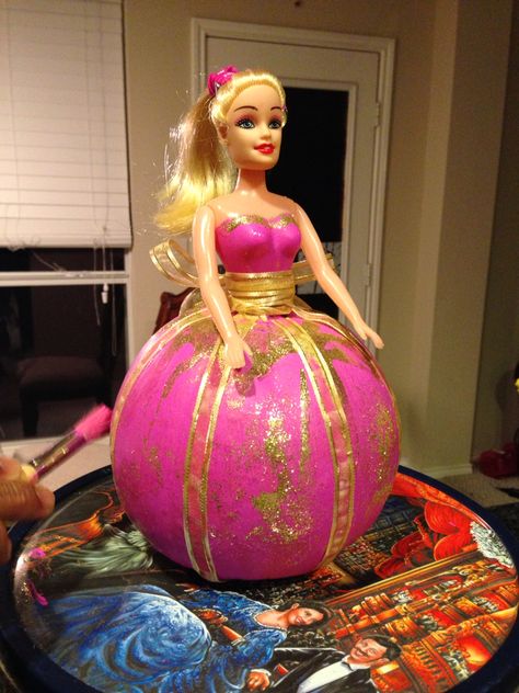 Barbie Pumpkin # story book character Barbie Pumpkin, Pumpkin Story, Book Character Pumpkins, Story Book Pumpkin, Painted Ideas, Princess Pumpkin, Creative Pumpkin Decorating, Character Pumpkins, Scary Halloween Decorations Diy