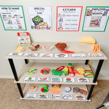 Taco Stand Dramatic Play Center by The Primary Parade | TpT Classroom Sections, Dramatic Play At Home, Dramatic Play Ideas Kindergarten, Taco Dramatic Play, Taco Stand Dramatic Play, Target Dramatic Play Center, Home Depot Dramatic Play Center, Grocery Store Dramatic Play Set Up, Restaurant Dramatic Play Printables