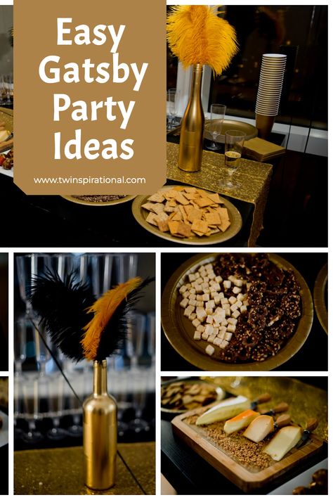 Elevate your party atmosphere with these exquisite DIY decor ideas. Explore how to create sophisticated centerpieces featuring opulent shades of gold, classic black, and timeless white. Learn the art of transforming ordinary bottles into showpieces adorned with luxurious ostrich feathers and faux pearl necklaces while keeping your budget in check. 20s Party Decor, Party Decor On A Budget, Roaring 1920s Party, 20s Party Decorations, 1920s Decor, Party On A Budget, Spooky Snacks, 20s Party, Roaring 20s Party