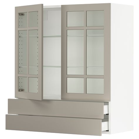 SEKTION / MAXIMERA Wall cab w 2 glass doors/2 drawers, white/Stensund beige, 36x15x40 ". MAXIMERA drawer is a smooth-running, full-extension drawer with built-in dampers so that it closes slowly, softly, and quietly. The door damper prevents your cabinet door from slamming by catching the moving door so that it closes slowly, gently and silently. You can customize spacing as needed, because the shelves are adjustable. Snap-on hinges can be mounted onto the door without screws, and you can easily Ikea Dining Room, Dining Room Built In, Sektion Kitchen, Ikea Dining, Countertop Cabinet, Ikea Wall, Kitchen Cupboard Doors, Built In Cabinet, Kitchen System