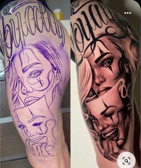 Tattoo Ideas Chicano, Women Leg Sleeve Tattoo, Women Leg Sleeve Tattoo Ideas, Women Leg Sleeve, Leg Sleeve Tattoo Ideas, Tattoos Thigh, Shen Long Tattoo, Thigh Piece Tattoos, Chicanas Tattoo