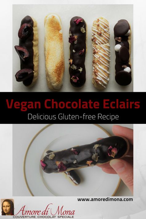 Gf Eclairs, Gluten Free Eclairs, Vegan Eclairs, Chocolate Eclaire Desert, Healthy Baking Alternatives, Unique Eclair Flavors, Sugar Free Pastries, Eclare Cake Recipe Chocolate Eclairs, Chocolate Hazelnut Cookies