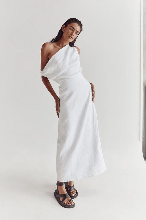 Cream Aesthetic, Best Summer Dresses, One Shoulder Midi Dress, White Linen Dresses, Comfy Chic, Linen Midi Dress, Linen Mini Dress, Summer Linen, White Dress Summer