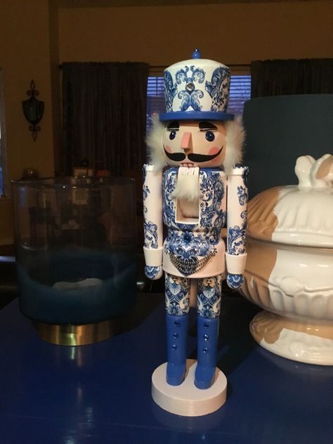 Nut Cracker Painting Ideas, Wooden Nutcracker Painting Ideas Diy, Navy Nutcracker, Blue And White Nutcracker, Chinoiserie Nutcracker, Blue Nutcracker, Diy Nutcracker, Toile Christmas, Nutcracker Christmas Party