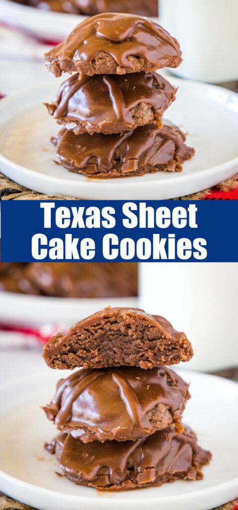 Texas Sheet Cake Cookies - turn classic Texas sheet cake into thick and fudgy cookies completely with a smooth and tangy chocolate icing. Super easy to make and the perfect chocolate, decadent treat! Sheet Cake Cookies, Cake Cookies Recipe, Fudgy Cookies, Texas Sheet Cake Cookies, Pear And Almond Cake, Texas Sheet, Texas Sheet Cake, Chocolate Sheet Cake, Cookie Cake Recipe