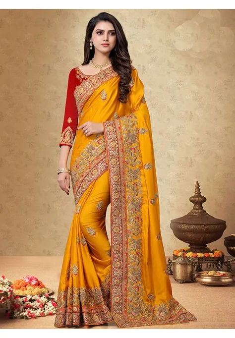 Turmeric Yellow, Red Silk Blouse, Wedding Wear Saree, Wedding Sarees Online, Trendy Jewellery, Collection Ideas, Indian Sarees Online, Yellow Saree, Utsav Fashion