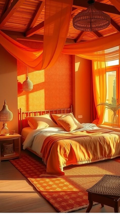 Sunlit bedroom with orange tones, canopy curtains, and a neatly made bed. Orange Wall Room Decor, Orange Wall Room, Orange Painted Rooms, Orange Boho Bedroom, Dark Teal Bedroom Ideas, Orange Drapes, Comfortable Reading Nook, Academia Bedroom, Light Blue Kitchens