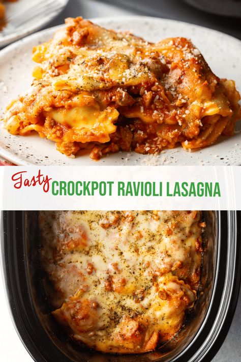 Crockpot Ravioli Lasagna (5 Ingredients) - Make dinner fuss-free with this easy slow cooker casserole recipe! Fresh or frozen ravioli is layered in the crockpot with marinara and melty Italian cheeses for a dump-and-go dish that the whole family loves. | A Spicy Perspective Crockpot Lazy Lasagna, Slow Cooker Lasagna Casserole, Lasagna With Ravioli, Crockpot Ravioli Lasagna, Lazy Crock Pot Lasagna, Slow Cooker Ravioli Lasagna, Slow Cooker Ravioli, Crock Pot Lasagna, Crockpot Ravioli