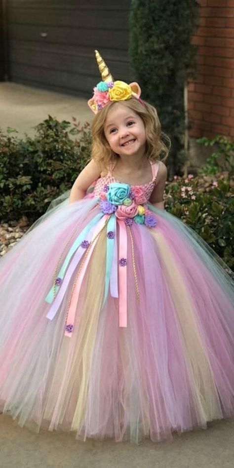 25 Cool Unicorn Party Ideas for Kids | momooze Birthday Dress Girls Kids, Easter Tutu Dress, Unicorn Birthday Dress, Gaun Ruffle, Unicorn Tutu Dress, Unicorn Halloween Costume, Unicorn Birthday Outfit, Unicorn Outfit