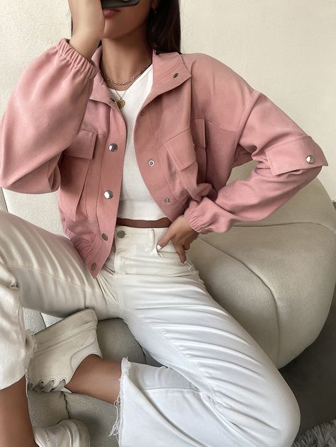 Pink Casual  Long Sleeve Polyester Plain Other  Non-Stretch Spring Women Outerwear Pink And Jeans Outfit Casual, White And Pink Jacket, Pink Outfits Aesthetic Casual, Pink Shirt Winter Outfit, How To Style Pink Jacket, Warm Pink Outfits, Fall Pink Outfits Women, White And Pink Outfit Classy, Pink Outfit Inspo Casual