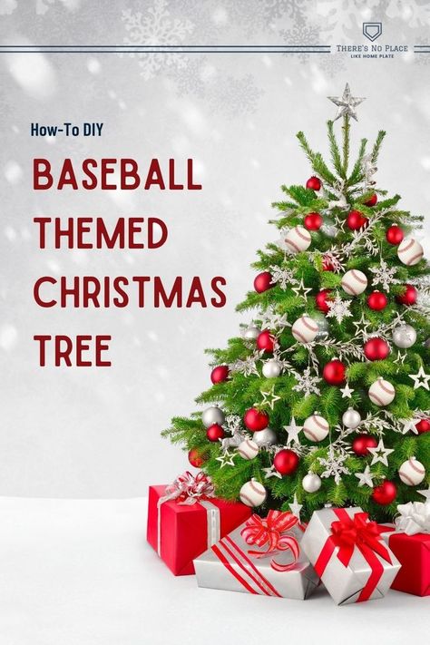 A step by step DIY to show you how to make a baseball themed christmas tree. Perfect for baseball families, this tree will be the centerpiece of your living room. Start with a baseball tree skirt, add in red and white ornaments and garland, as well as new and vintage baseball ornaments. Finish with a red and white star on top, and your baseball themed christmas tree is complete. Includes tips for building your family's baseball christmas ornament collection. Baseball Ornaments Diy, Travel Baseball Mom, Baseball Christmas Tree, Baseball Christmas Ornaments, Baseball Ornaments, Baseball Christmas, Themed Christmas Tree, Travel Baseball, Christmas Tree Diy