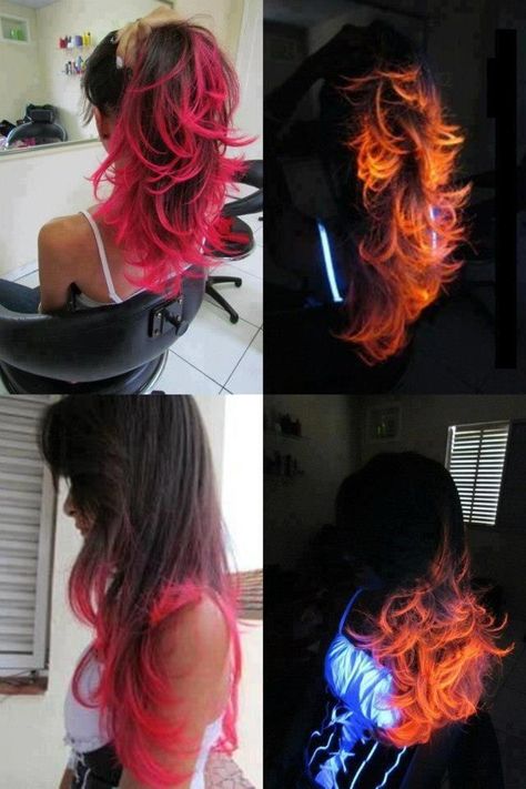 Hot pink/ Red hair dye to tips - glows like fire in a black light.  I WANT THIS. Dark Hair Dye, Dark Ombre Hair, Fire Hair, Neon Hair, Bright Red Hair, Dye My Hair, Rainbow Hair, Neon Lights, Crazy Hair