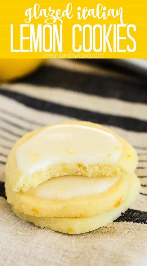 These easy ITALIAN LEMON COOKIES just melt in your mouth! A simple lemon glaze finishes of the buttery cookies just perfectly. #italianlemoncookies #glazedlemoncookies @Creations by Kara Homemade Desert, Lemon Butter Cookies, Lemon Cookie Recipe, Tart Cookies, Fair Recipes, Italian Lemon Cookies, Citrus Party, Cookies Lemon, Buttery Sugar Cookies