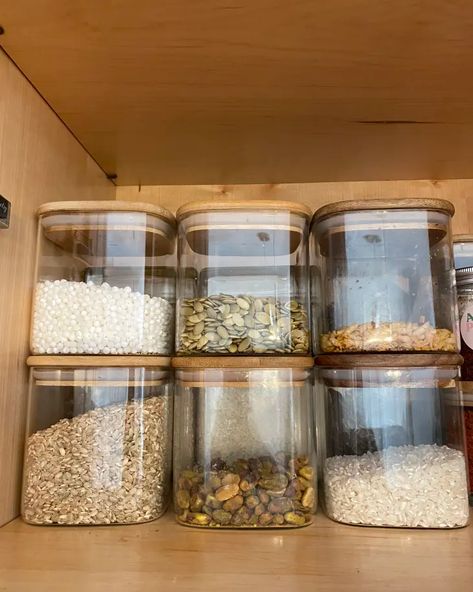 Amazon Laramaid Square Glass Jars Review 2022 | Kitchn Decanting Pantry, Jar Storage Ideas, Glass Jar Storage, Glass Jars Kitchen, Glass Kitchen Canisters, Square Glass Jars, Pantry Jars, Glass Pantry, Pantry Containers