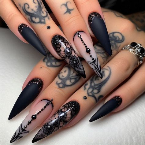 Gothic Wedding Nails, Dark Elegant Nails, Dark Stiletto Nails, Dark Goth Nails, Regal Nails, Spirit Nails, Spooky Nails, Witchy Nails, Gothic Nails