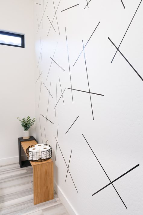 How We Made This Easy Sharpie Wall - Neatly Living Sharpie Accent Wall, Powder Room Update, Sharpie Wall, Eucalyptus Arrangement, Washi Tape Wall, Sharpie Paint Pens, Modern Wall Decals, Bathroom Accent Wall, Faux Eucalyptus