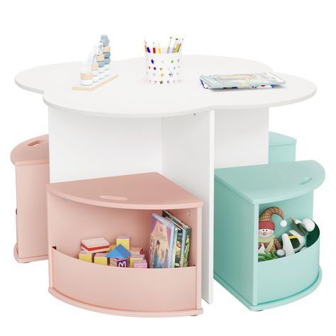 PRICES MAY VARY. 【Unique storage space and built-in pen holder】: The storage space under the stool is suitable for storing toys and books, and the free pen holder keeps the desk clean. 【MODERN MINIMALIST EMBEDDED DESIGN】: stylish colors and flower shapes are very suitable for whether in bedrooms or living rooms, and the fully embedded design is very suitable for small homes. 【SAFETY & DURABILITY】: This set of tables and chairs is strong, stable, and non-toxic. Non-slip features minimize the risk Toddler Bedroom Toy Storage, Small Girls Bedroom Ideas, Homeschool Room Ideas Small, Play Table For Kids, Kids Art Area, Kids Table And Chair Sets, Playroom Remodel, Kids Play Corner, Toddler Play Table