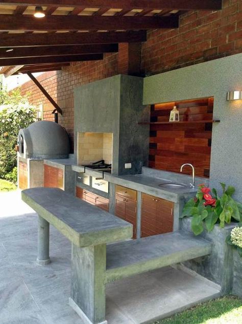 Zona de parrilla de hormigón Grill Diy, Diy Grill, Modern Outdoor Kitchen, Outdoor Kitchen Bars, Bbq Island, Kitchen Design Plans, Outdoor Bbq, Outdoor Kitchen Design, Modern Outdoor