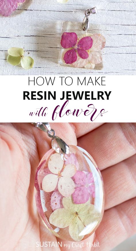 Pressed Flower Jewelry Diy, Hydrangea Resin, Decorating With Driftwood, Driftwood Art Ideas, Decorating With Natural Elements, Pressed Flower Resin Jewelry, Diy Hydrangea, Make Resin Jewelry, Diy Resin Flowers