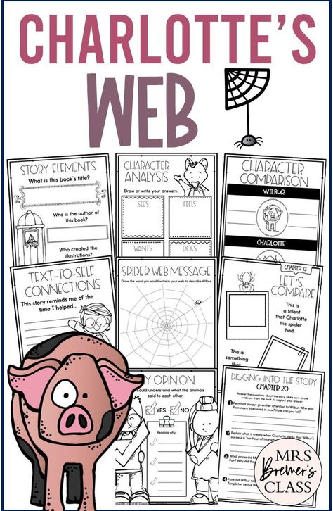 Charlottes Web book study activities unit with literacy printables, reading companion activities, comprehension worksheets, lesson ideas, and answer keys for First Grade, Second Grade, and Third Grade. First Grade Book Study Ideas, Charlottes Web Reading Activities, Charlotte's Web Lesson Plans, Second Grade Novel Study, Charlottes Web Novel Study, Charlottes Web Unit Study Free, Charlotte Web Activities, Charlotte's Web Activities 3rd Grade, Charlottes Web Book Study