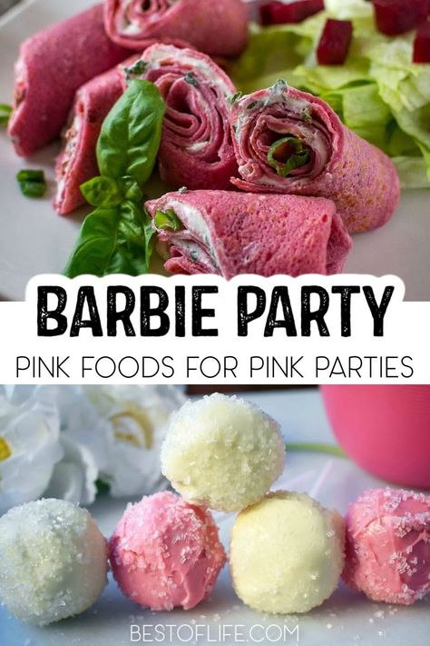 Barbie Finger Food, Barbie Dinner Party Food, Barbie Party Food Savoury, Barbie Themed Grazing Table, Easy Pink Foods For Party, Pink Food For Barbie Party, Barbie Dinner Ideas, Barbie Inspired Appetizers, Barbie Inspired Recipes