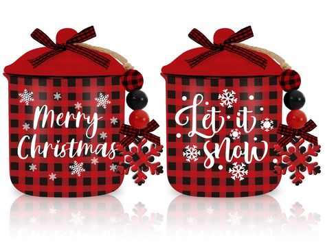 PRICES MAY VARY. Christmas Design - The mini canister are in red and black buffalo plaid design, printed with snowflake patterns and letter Merry Christmas and Let It Snow, decorated with plaid bow, wooden beads and snowflake cutout, exquisite and novel. Reliable Material - Made of quality ceramic material. They are durable and sturdy, not easy to break, the patterns on them are well-designed and no fading. Don't put them into the dishwasher, oven, microwave and other high-temperature heating ma Winter Tiered Tray Decor, Snowflake Cutouts, Snowflake Patterns, Ceramic Canister, Storage Small, Mini Jars, Small Snacks, Candy Holder, Holiday Candy