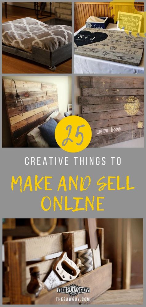 25 Creative Things to Make and Sell Online including a pallet dog bed, hand painted sign, wedding guest book, and a custom wine rack. Bonus: Learn tips on how to sell items on Craigslist which includes how to take pictures, what details to include on your item, and what to do about delivery.  #diy #projects #woodworking #sellonline #woodworkingproject Creative Things To Make, Diy Furniture To Sell, Pallet Dog Bed, Sign Wedding Guest Book, Things To Make And Sell, Custom Wine Rack, Pallet Dog Beds, Diy Projects To Sell, Things To Make